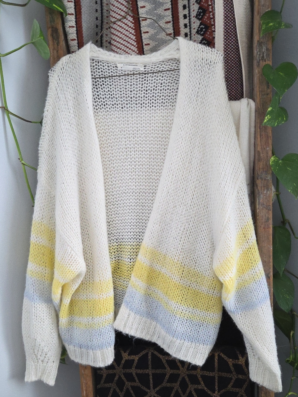Anthropologie Cream Knit Cardigan with Yellow & Light Blue Stripes